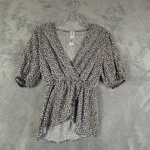 Cozy Rozy Womens Blouse Black Animal Print Short Sleeve Puff Elastic Waist S New